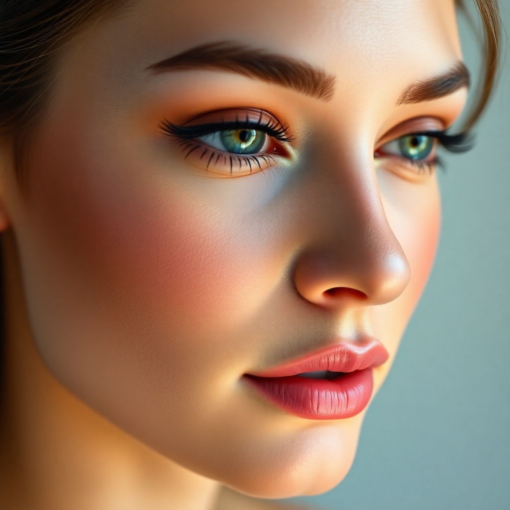 Photorealistic image, 4K resolution, a close-up of a model's face with expertly applied makeup.  Soft, flattering lighting; focus on details like skin texture and makeup application.  Neutral background.