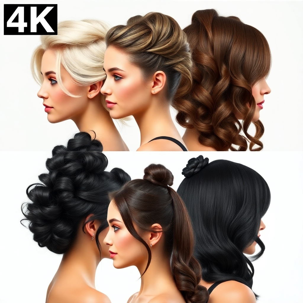Photorealistic image, 4K resolution, a variety of hairstyles on different models, showcasing versatility and skill.  Clean, well-lit background; focus on hair texture and style.