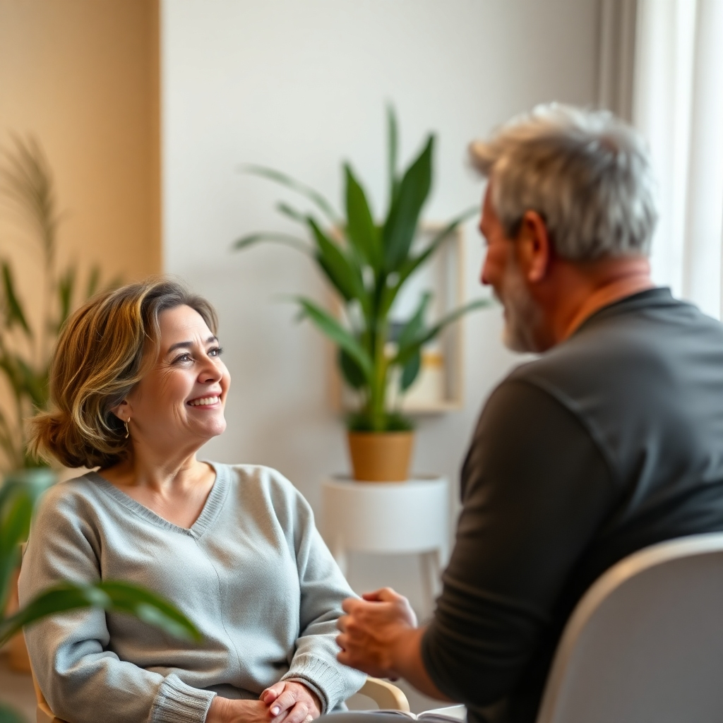 Photorealistic image, 4K resolution. A client and therapist during a consultation.  Focus on the positive and friendly atmosphere. Use warm and friendly lighting and colors.