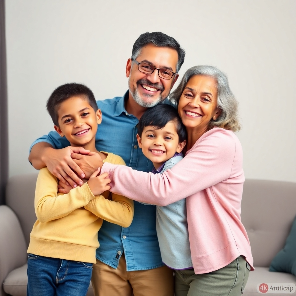 Photorealistic image, 4K resolution. A happy family embracing, symbolizing the improvement in relationships through counseling. Focus on creating an image of togetherness and warmth.