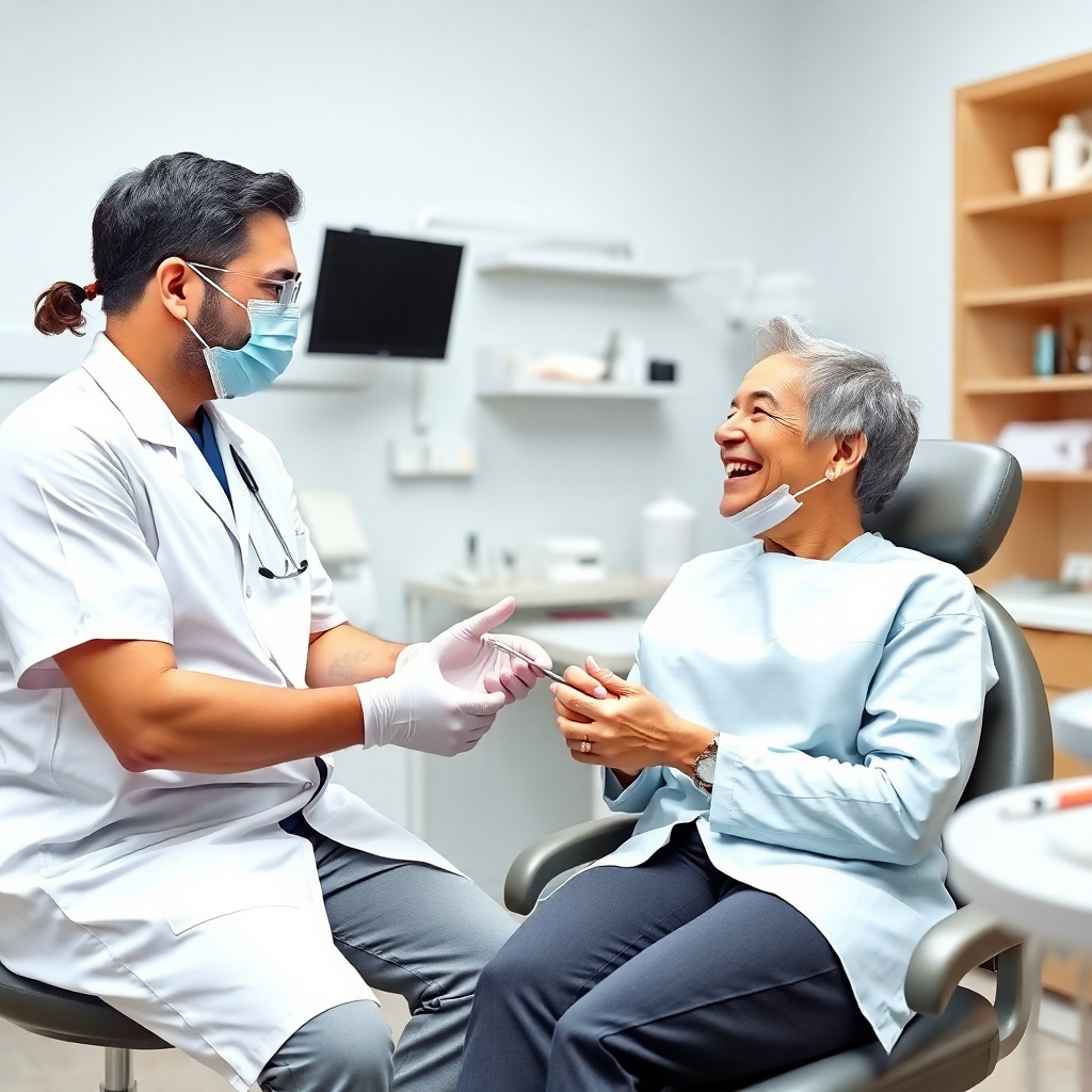 Photorealistic image, 4K resolution, showing a dentist and patient talking and laughing during a routine check-up in a friendly atmosphere. The image should reflect trust and positive emotions.