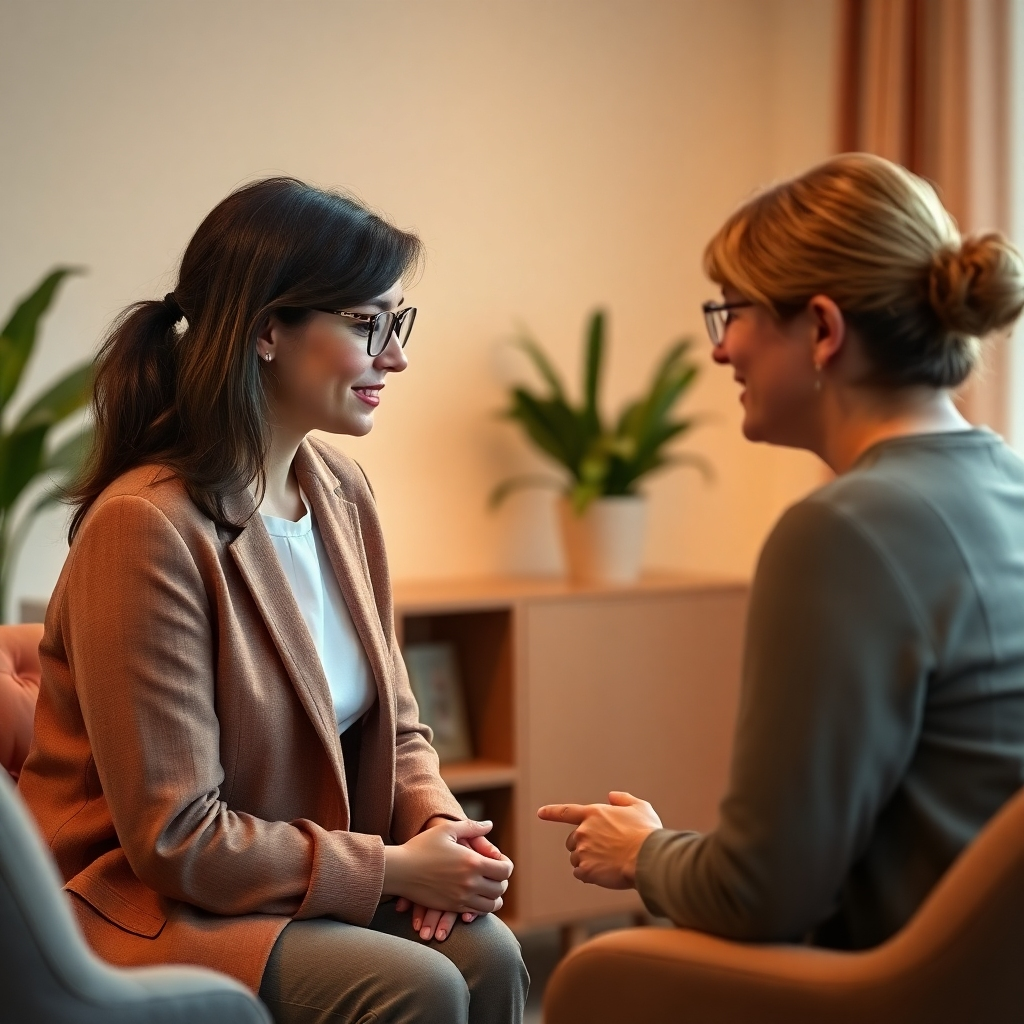 Photorealistic image, 4K resolution, of a counsellor and client engaged in a session. The setting should be calming and professional, conveying trust and confidentiality. Use a warm colour palette and soft lighting.