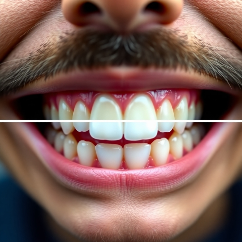 Photorealistic image, 4K resolution, of a patient's before-and-after smile transformation after cosmetic dental work. Focus on the dramatic improvement and confidence boost.