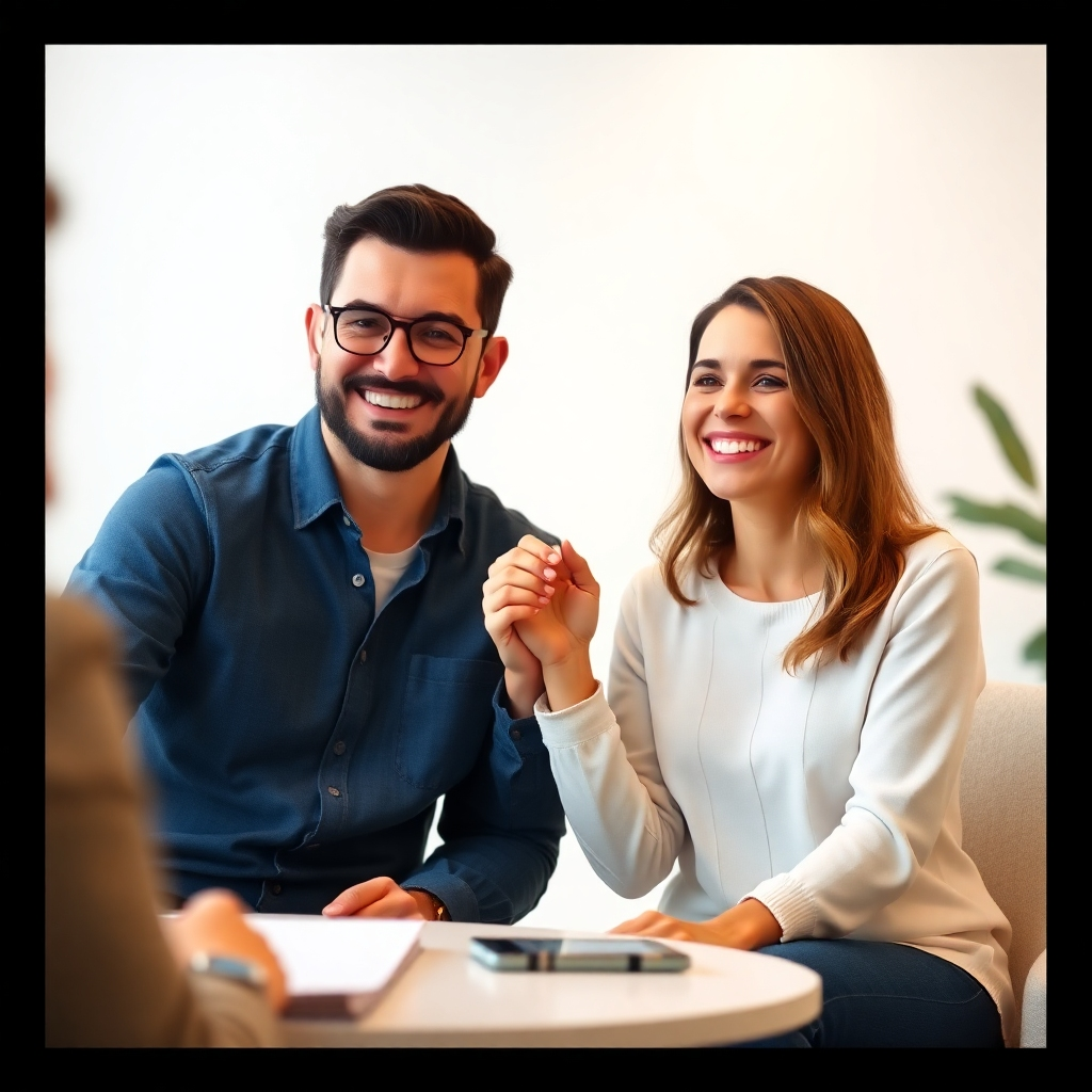Photorealistic image, 4K resolution, of a happy couple holding hands during counselling. The setting should be positive and supportive, conveying hope and understanding.