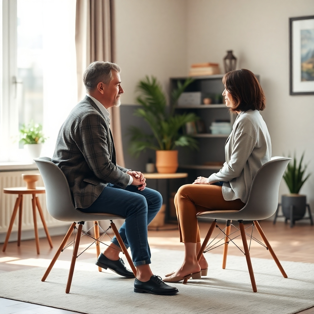 Photorealistic image, 4K resolution. A therapist and client are sitting opposite each other in a brightly lit, comfortable office setting, engaging in conversation. Focus on their body language and the peaceful ambiance of the room. Soft lighting, muted colors in earth tones.