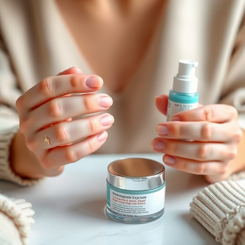 Photorealistic image, 4K resolution, a close-up of hands applying skincare products.  Focus on textures and quality of products.  Natural lighting, clean, minimalistic background.