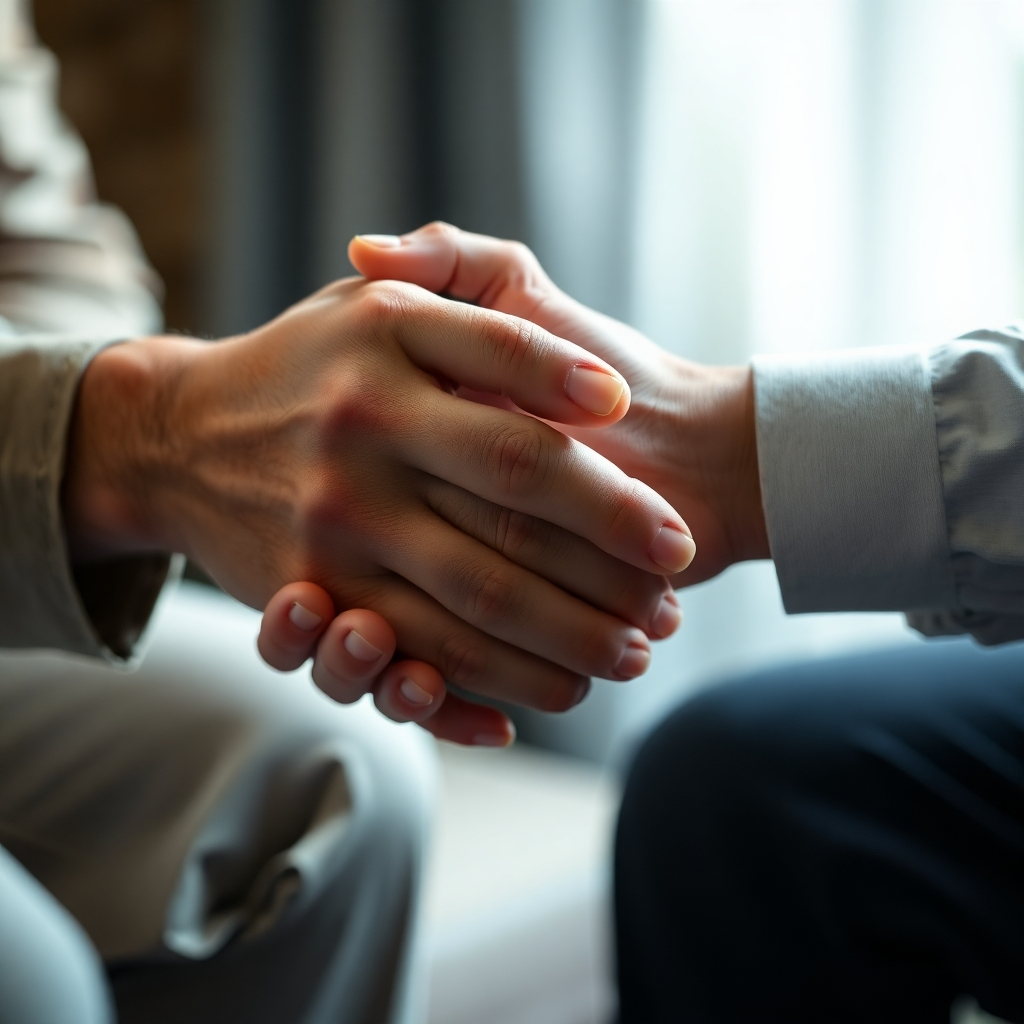 Photorealistic image, 4K resolution. Close-up shot of hands clasped together during counselling session, highlighting human connection. Focus on the textures and subtle details. Soft lighting, muted color palette.