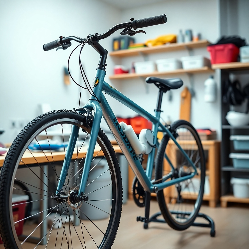 Photorealistic image: A clean bicycle being meticulously cleaned and checked. 4K resolution. Lighting is bright and shows off the clean bicycle. The background should show a tidy, well-organized workspace. Color palette is bright and airy, suggesting cleanliness and care. Style: lifestyle photography