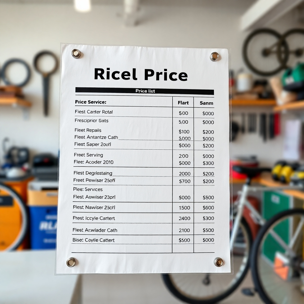 Photorealistic image, a close-up of a price list with clear and easy to read pricing on bicycle repair services. The background should be a clean and organized workspace. 4K resolution. Lighting is bright. Color palette is simple. Style: clean and professional