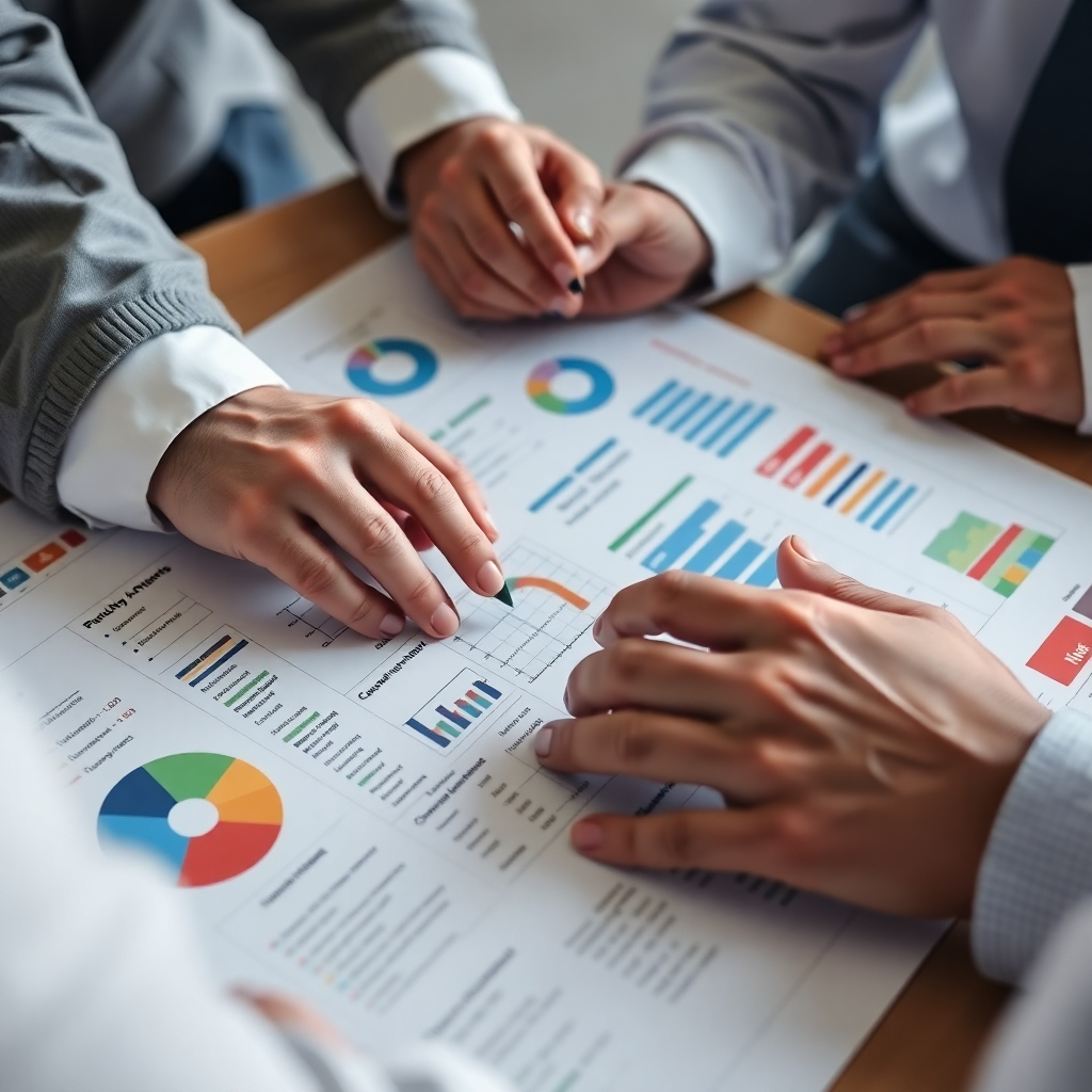 Photorealistic image: A close-up of hands working together on a complex problem, using diagrams and charts. The colors should be neutral, focusing on the process and detail. Style reference: focused and detailed corporate photography
