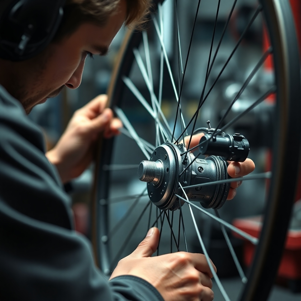 Photorealistic image, a close-up of a mechanic skillfully building a bike wheel. 4K resolution. Lighting focuses on the detail. Color palette should be slightly muted to emphasize the complexity of the task. Style: detail-oriented