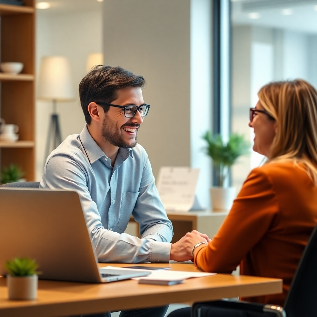 Photorealistic image: A consultant working one-on-one with a client, both smiling and engaged in a conversation.  Focus on the interaction. The office setting should feel professional yet warm and approachable. Warm lighting. Style reference: friendly corporate photography