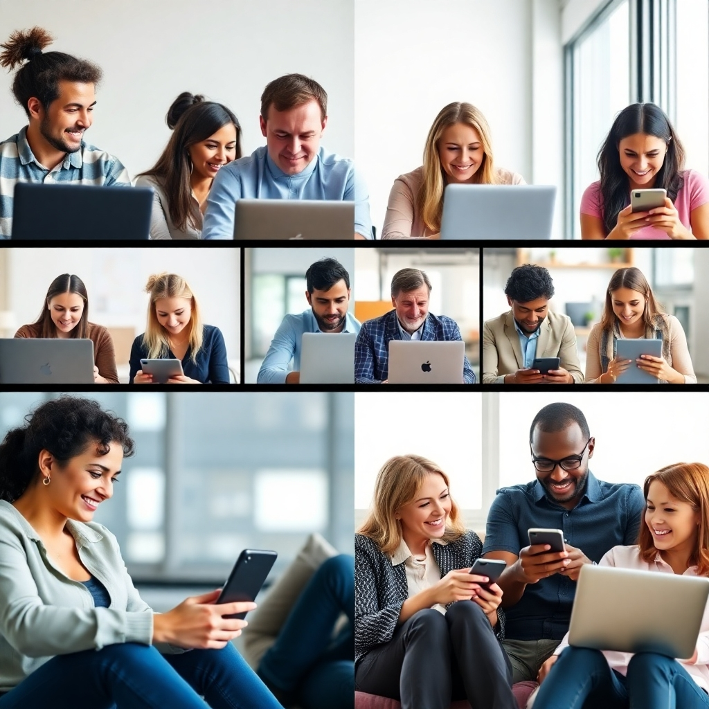 Photorealistic image: a diverse group of people looking attentively at their laptops or smartphones. The images should be displayed in a split screen, with half showcasing professional people working and the other half displaying consumers at home using the brand's product. The photo should capture different ages, genders and lifestyles.  The style should be clean, bright and modern, focusing on genuine emotions and interaction.  The image needs to capture a good mood and excitement. Lighting should be natural and bright, emphasizing the joy and engagement with the brand.
