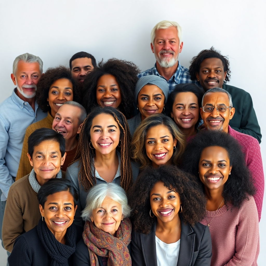 Photorealistic image: a diverse group of people represented by different age, gender, style and race, in a variety of settings.  Style should be photorealistic with clear, high-quality images. The composition should clearly demonstrate diversity. Lighting should emphasize the genuineness of the portraits.  Textures should be realistic, showcasing a variety of backgrounds.