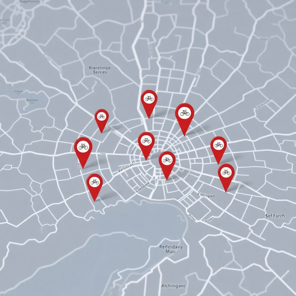 Photorealistic image: A map of a city with pins marking the location of several bike shops. 4K resolution.  Style: modern map design