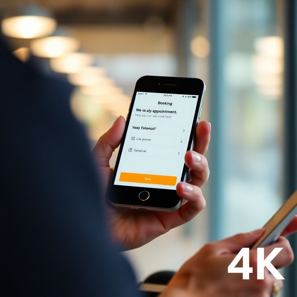 Photorealistic image: A person easily booking an appointment on a mobile device. 4K resolution. Bright lighting, suggesting ease and simplicity. Style: user friendly