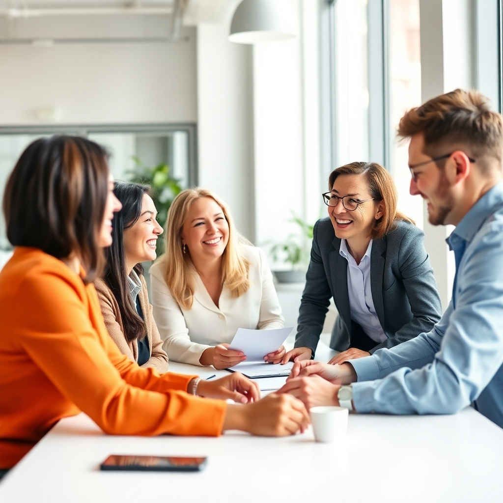 Photorealistic image: A team of professionals working together and communicating during a change management process, creating positive energy. Bright, happy atmosphere. Style reference: positive corporate photography