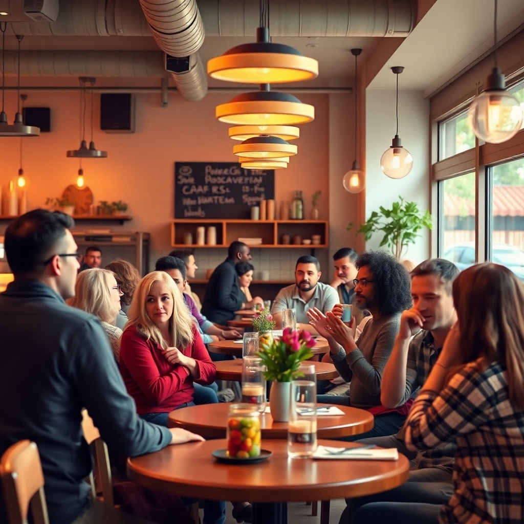 Photorealistic image depicting a diverse group of people interacting at the cafe in a warm and inviting atmosphere. Use a natural lighting scheme with warm colors. The resolution should be 4K.