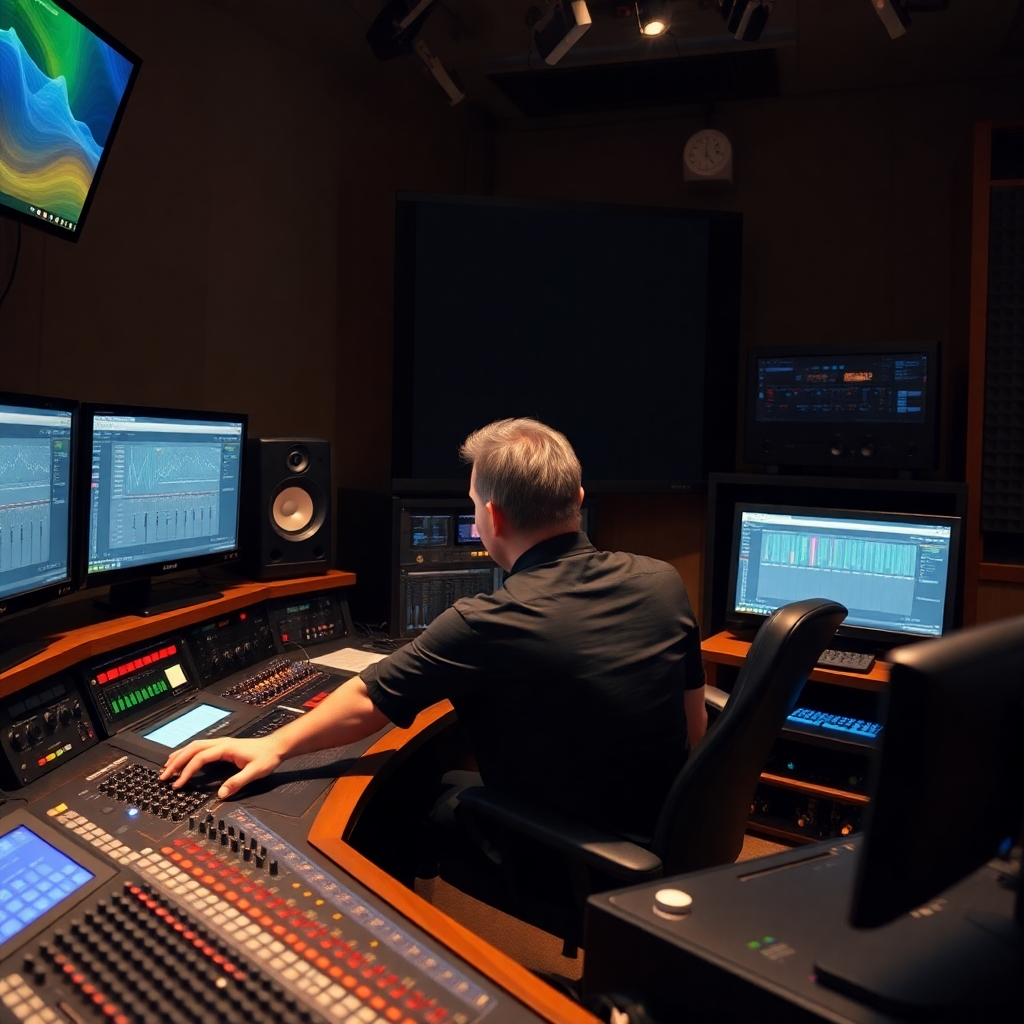 Photorealistic image depicting a mixing engineer surrounded by monitors and various audio equipment, skillfully adjusting faders and knobs.