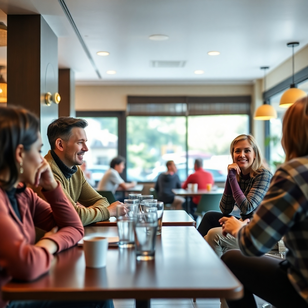 Photorealistic image depicting people engaged in a casual meeting at the cafe, showing friendly interaction and comfortable atmosphere.  Use a well-lit setting with a color palette focusing on warm and inviting tones.  The resolution should be 4K.