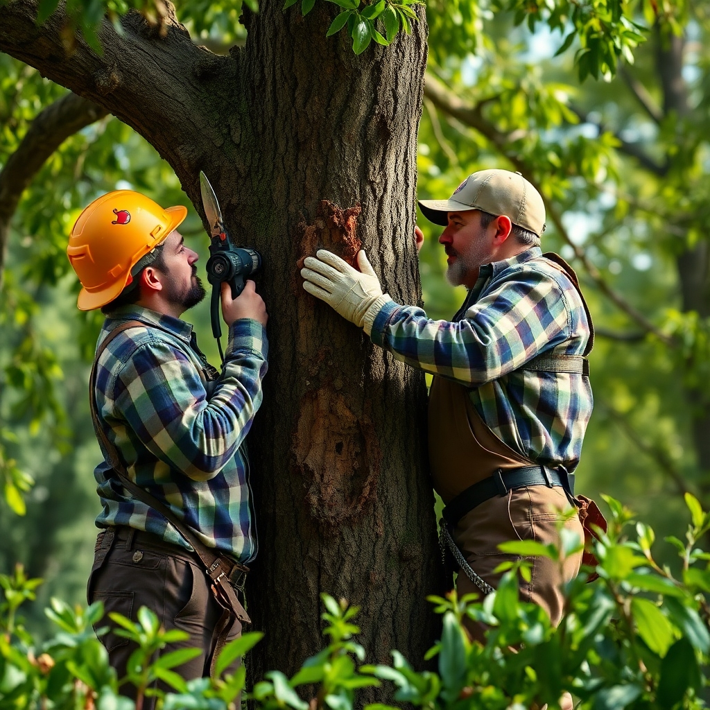 Photorealistic image depicting an arborist carefully applying treatment to a diseased tree. Show the tools and the visual signs of improvement. Resolution: 4K, High-quality