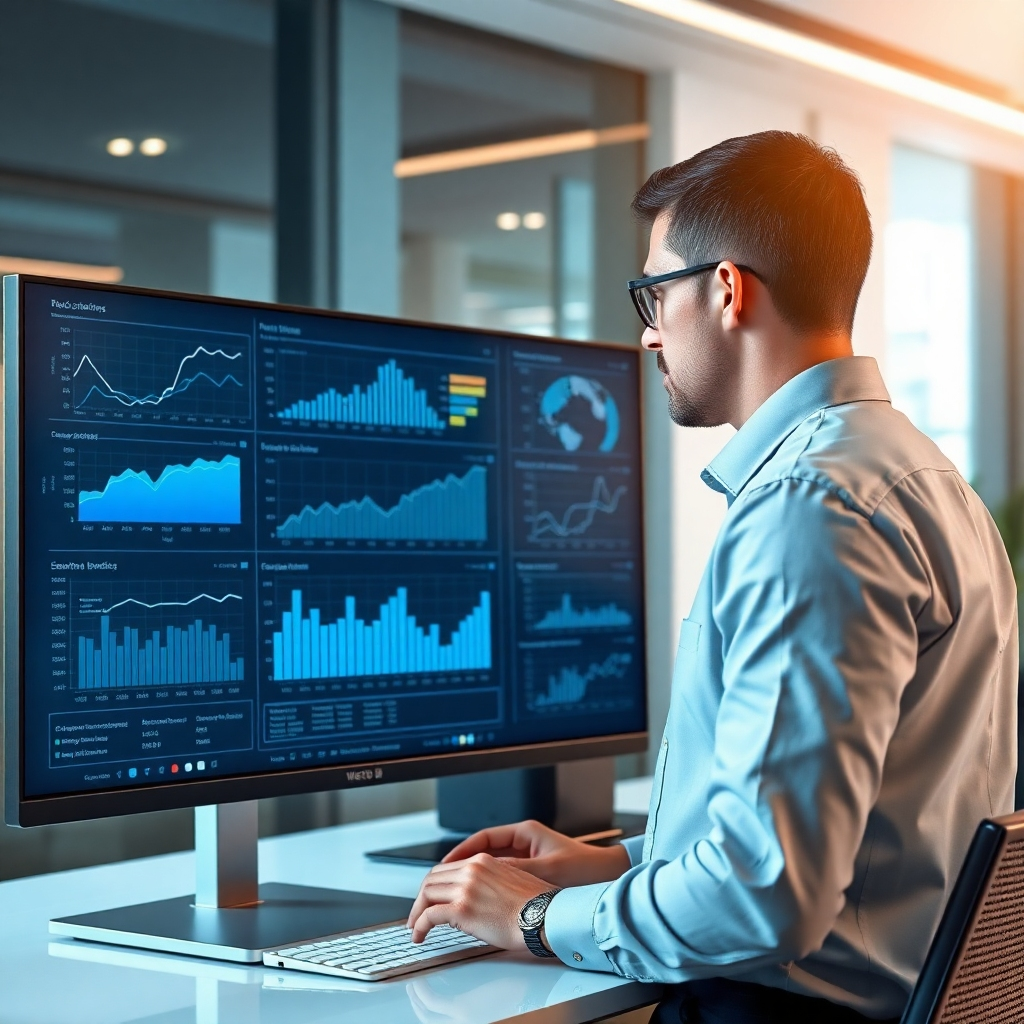 Photorealistic image of a business professional analyzing data on a large monitor in a contemporary office space. The focus should be on the data and charts, with the professional subtly present in the background. Use a soft, natural light source with a calm color palette. Style reference: clean and professional data visualization