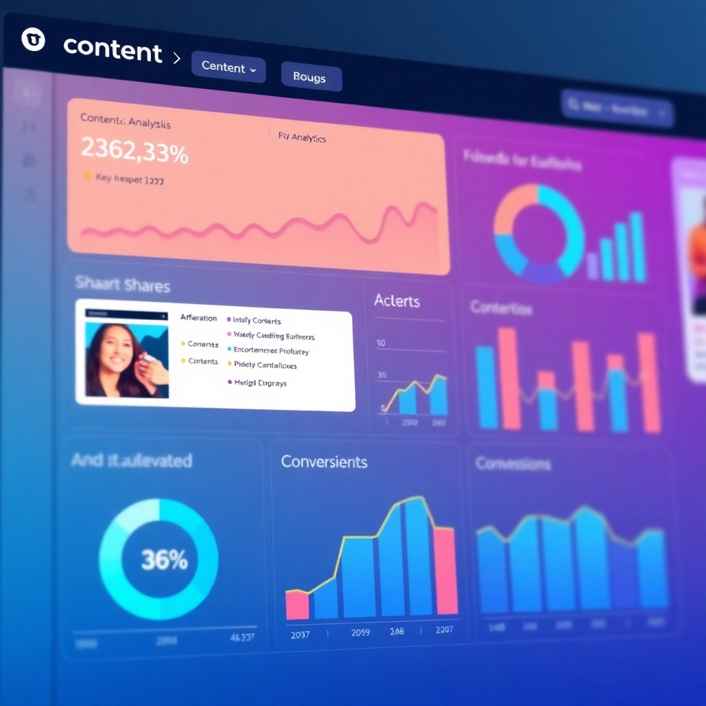 Photorealistic image of a dashboard showing analytics for various content pieces. The image showcases key metrics such as engagement rates, shares, and conversions, offering visual data to understand content performance. The colors are professional and data-driven, creating an overall feeling of professionalism.