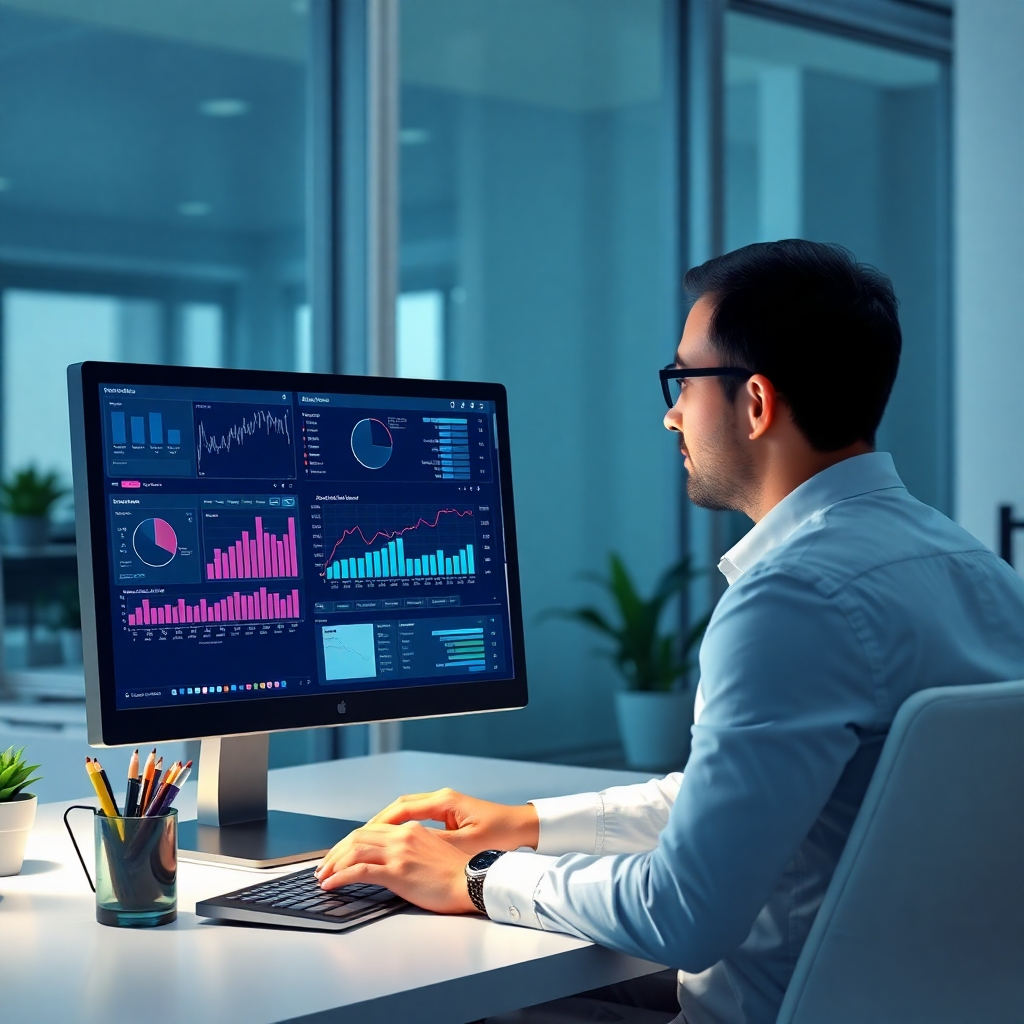 Photorealistic image of a data analyst reviewing market research data on a computer screen in a clean, bright office. The colors should be calming. Style reference:  professional data analysis