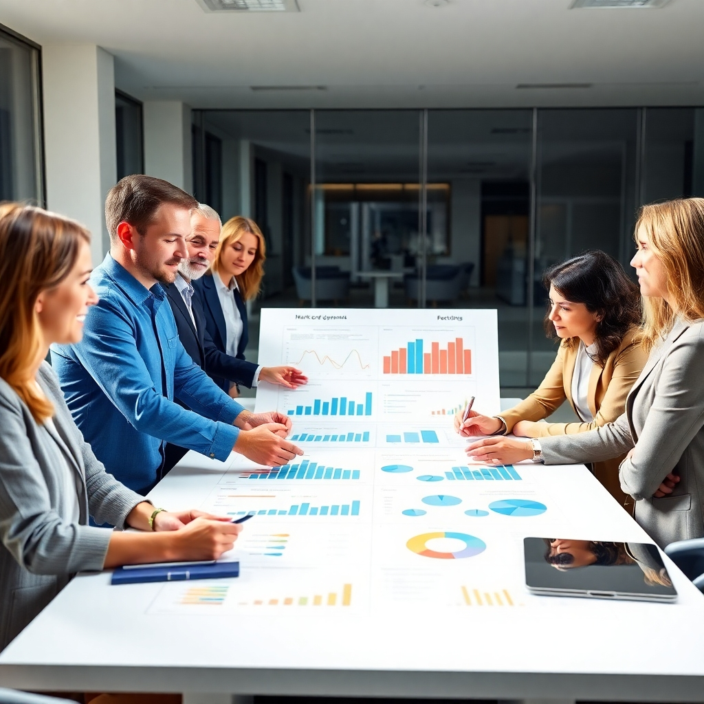 Photorealistic image of a diverse team of consultants working collaboratively around a large table displaying charts and graphs. The scene should be brightly lit and modern, with a clean and organized workspace. The focus should be on teamwork and collaboration.
