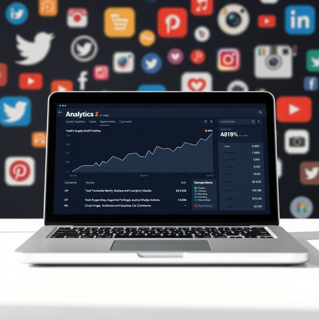 Photorealistic image of a laptop displaying analytics data from a recently published article.  The data should showcase positive engagement metrics such as high shares and comments. The background should showcase a variety of social media channels, subtly suggesting social media marketing strategies.