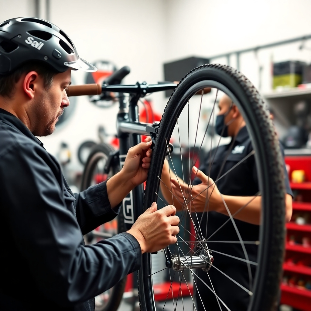 Photorealistic image of a mechanic performing a comprehensive tune-up on a bicycle, highlighting various tools and steps involved. 4K resolution. Bright lighting showcasing the cleanliness and thoroughness. Color palette is vibrant yet professional. Style: clean and detailed