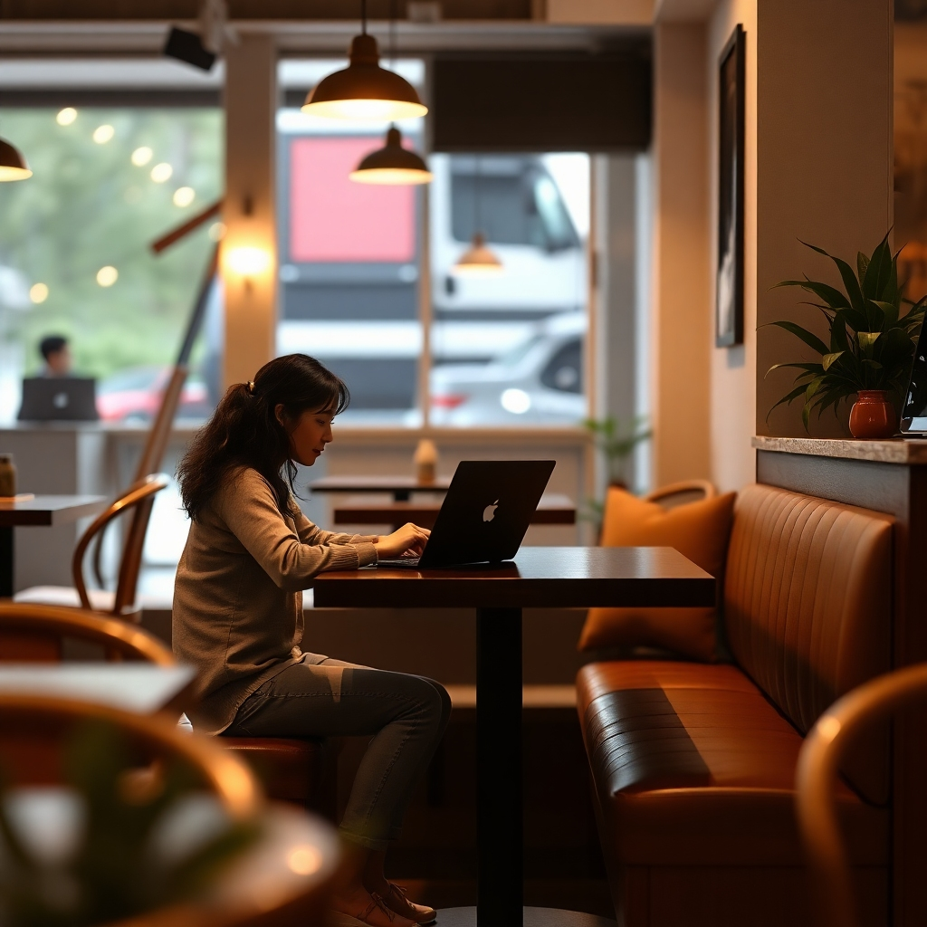 Photorealistic image of a person working on their laptop at a comfortable table in the cafe, subtly showcasing the cafe's cozy atmosphere. The lighting should be soft and warm, the color palette inviting and relaxed. The resolution should be 4K.