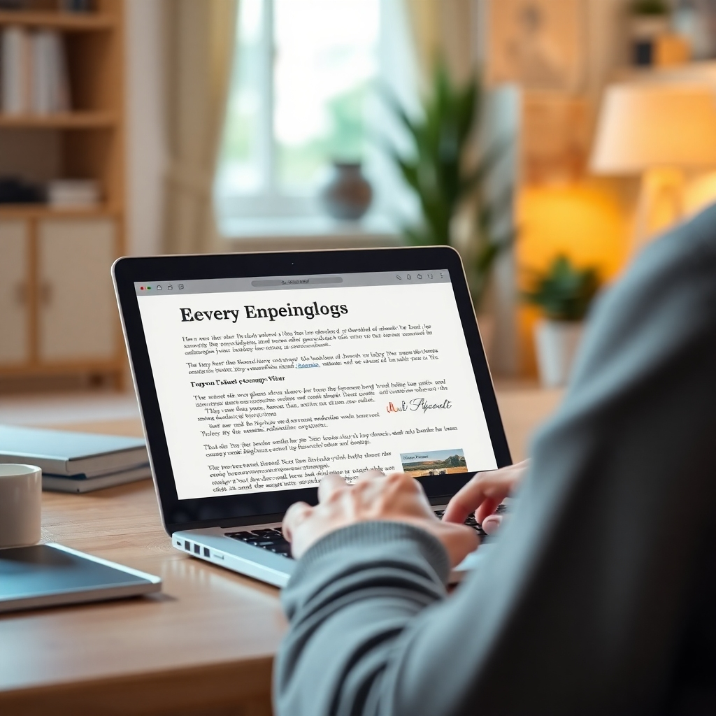 Photorealistic image of a person reading a blog post on a laptop. The image emphasizes the engagement and interest the reader displays. The background is a cozy office setting. The color scheme is warm and inviting.