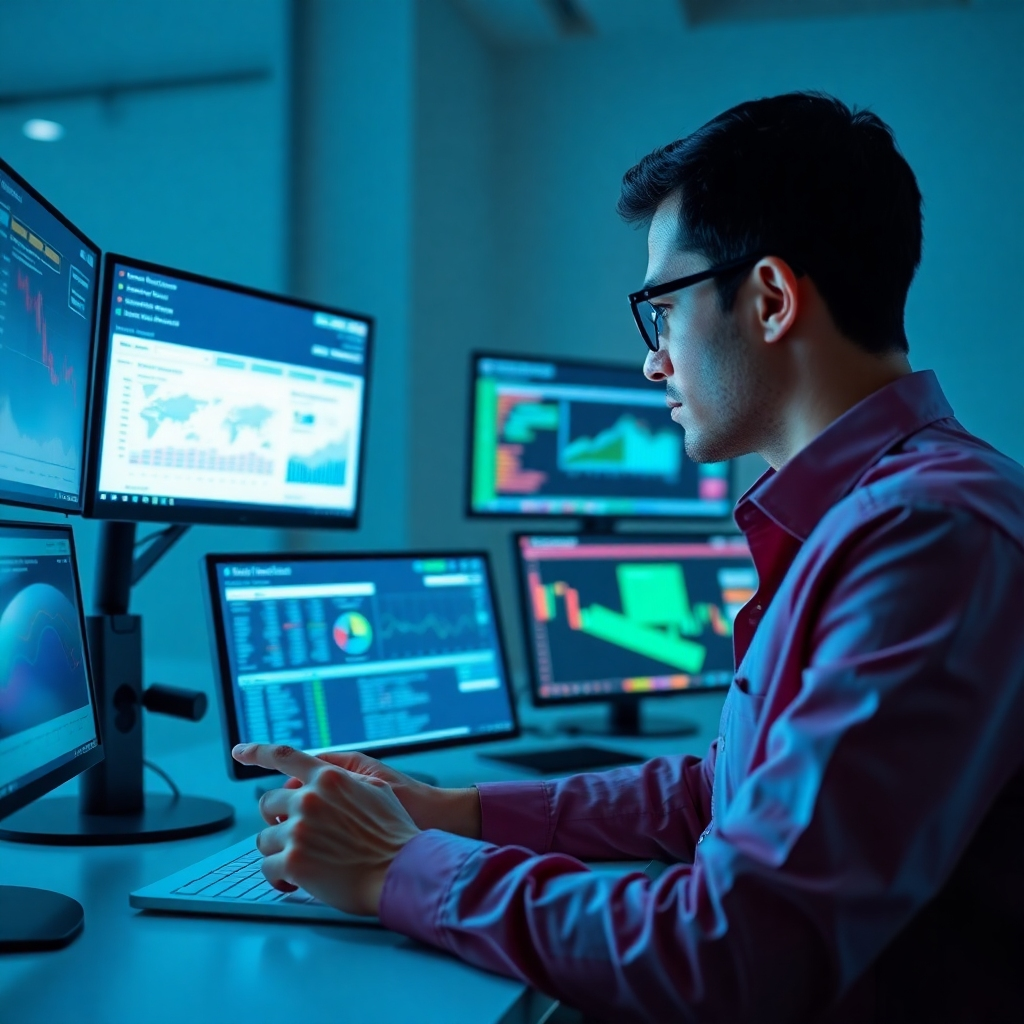 Photorealistic image of a person using multiple screens to research information.  High resolution, showcasing details of data analysis and keyword research tools. Lighting is bright and focused on the screens, creating a clean professional environment. Colors are cool and muted with pops of color on the screens. The image has a professional feel, promoting a sense of professionalism and competence.