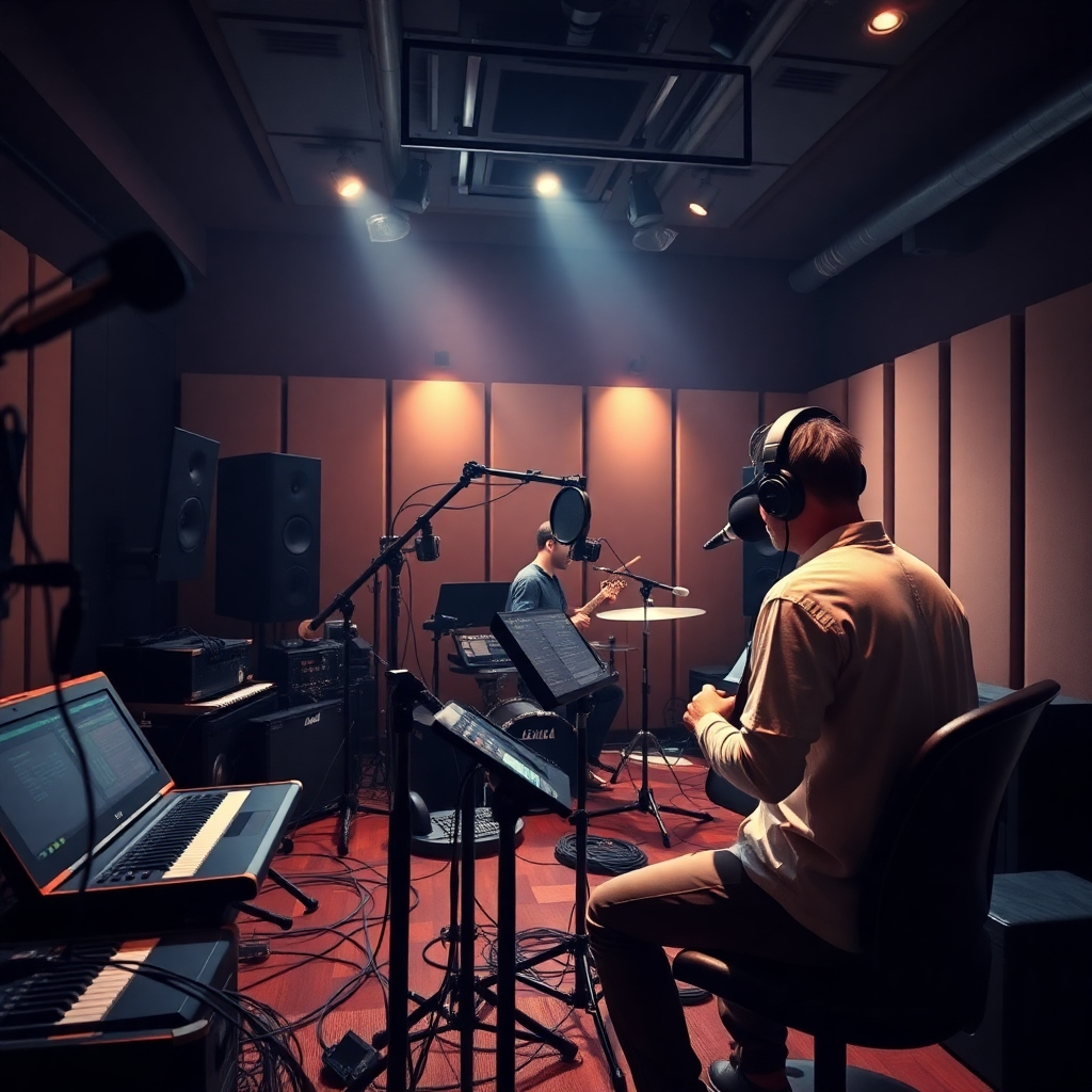 Photorealistic image of a recording session in a professional studio, showcasing the equipment and the artist in action. The image should feel high-end and modern.
