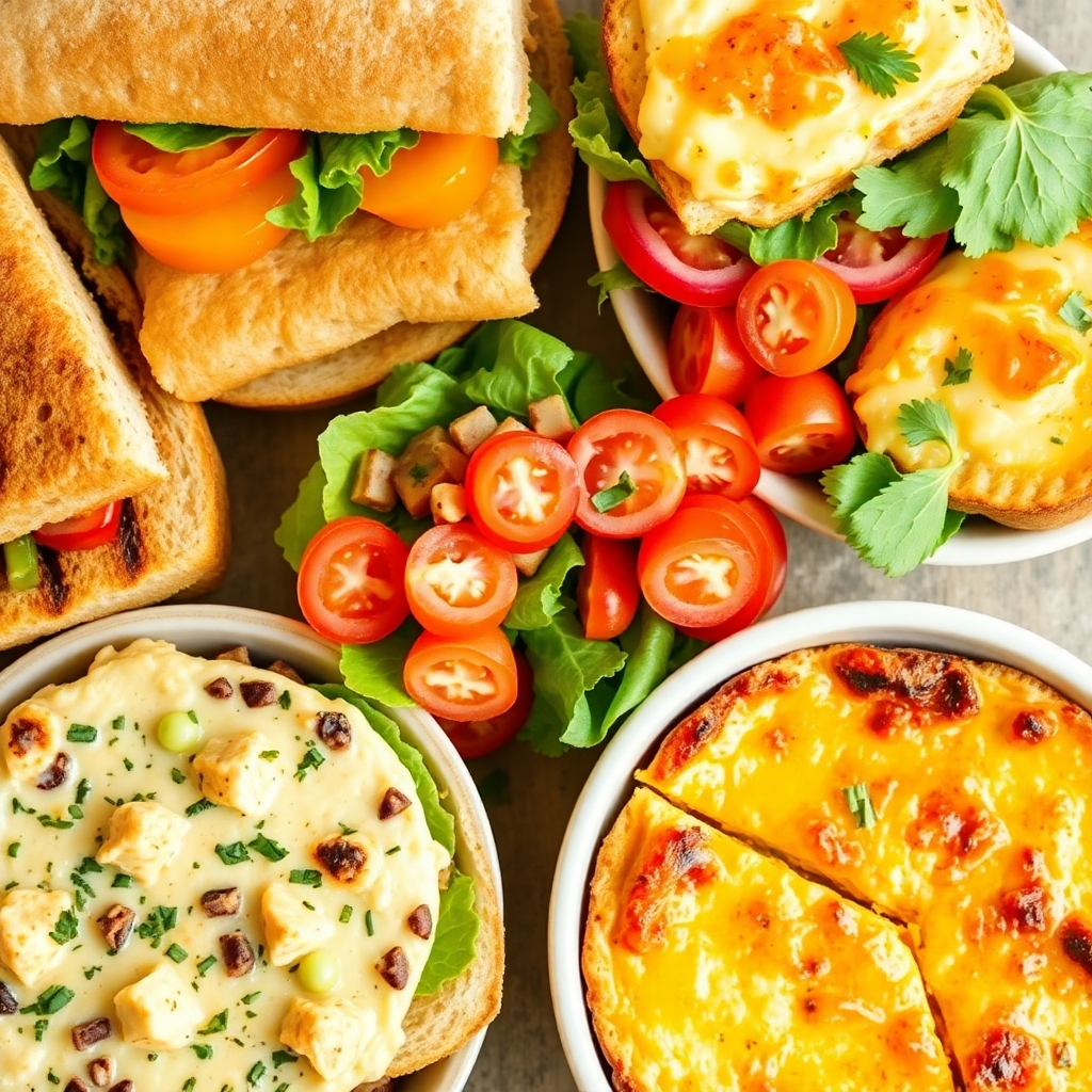 Photorealistic image of a selection of savory items, such as sandwiches, salads, and quiches. Use a natural and inviting color palette to showcase the freshness of ingredients.  The resolution should be 4K.