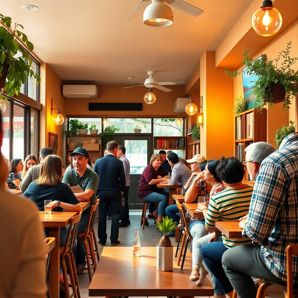 Photorealistic image of a small gathering or event at the cafe, highlighting the community aspect and inviting atmosphere. Use a well-lit setting with a warm color palette. The resolution should be 4K.