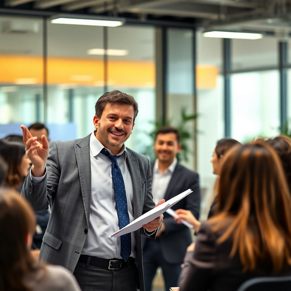 Photorealistic image of a successful business owner confidently addressing their team, highlighting a successful project. The background should be a modern and vibrant office setting.