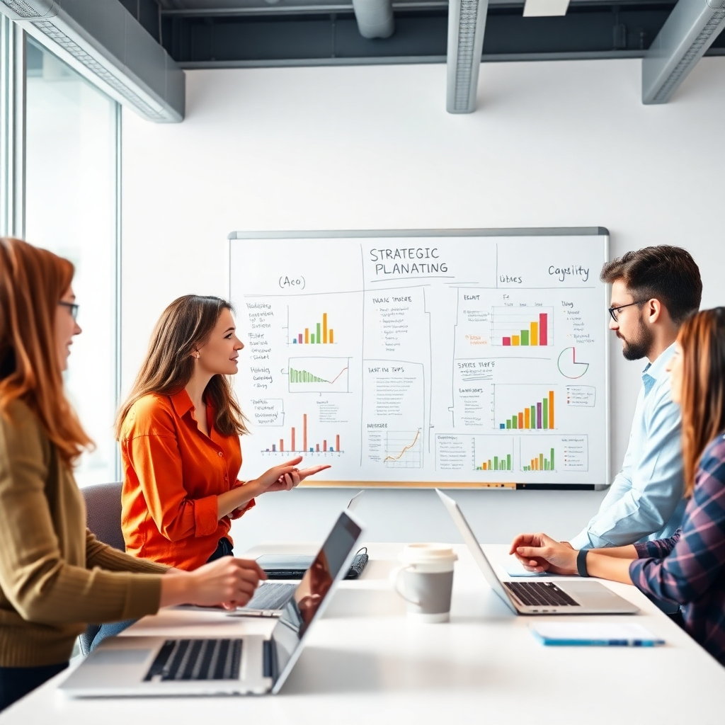 Photorealistic image of a team brainstorming around a whiteboard filled with strategic planning charts and graphs. The setting is a modern, well-lit office, showcasing laptops, smartphones, and coffee cups. Use a wide angle to capture the collaborative atmosphere. The colors should be vibrant and energetic, reflecting innovation and progress. Style reference:  Clean and bright corporate photography
