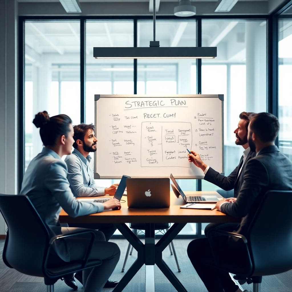 Photorealistic image of a team collaborating on a strategic plan, using a whiteboard and laptops.  The setting should be a modern, bright office. The mood should be collaborative and optimistic. Style reference: professional business collaboration