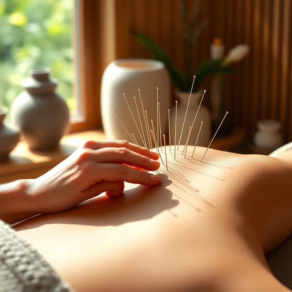 Photorealistic image of a tranquil spa room with natural light, showcasing acupuncture needles precisely placed on a model.  The setting should be peaceful and inviting.  High resolution, detailed texture of skin and needles, soft lighting, and a calming color palette.  Focus on the precision and artistry of the procedure.