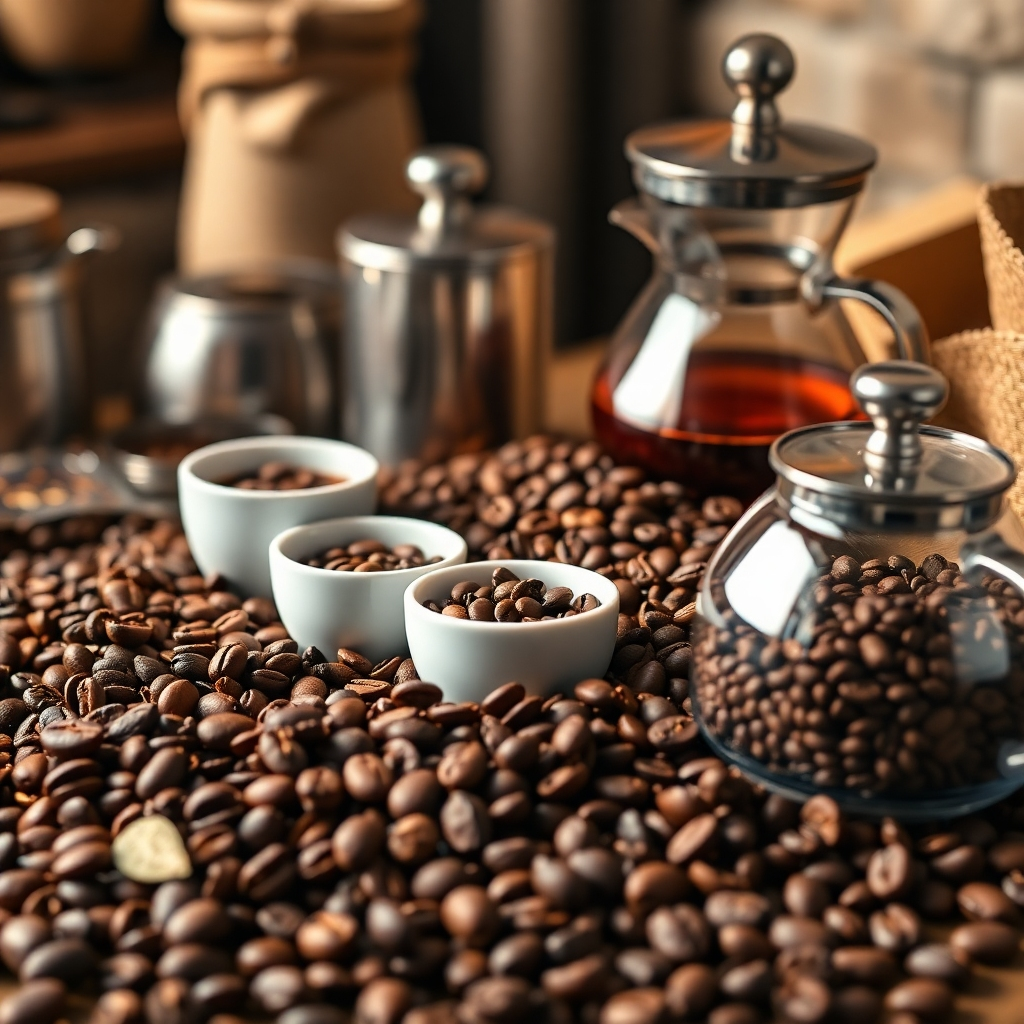 Photorealistic image of a variety of coffee beans, tea leaves, and brewing equipment, showcasing the high quality and variety of offerings. The lighting should be warm and inviting, with a focus on texture and detail. The resolution should be 4K.