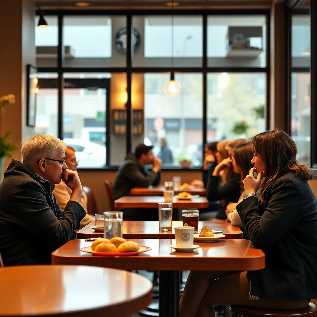 Photorealistic image of customers comfortably seated in a cafe, engaged in conversation or enjoying their drinks and pastries. Focus on the warm lighting and inviting atmosphere, with a slightly desaturated color palette for a relaxed feel. The resolution should be 4K.