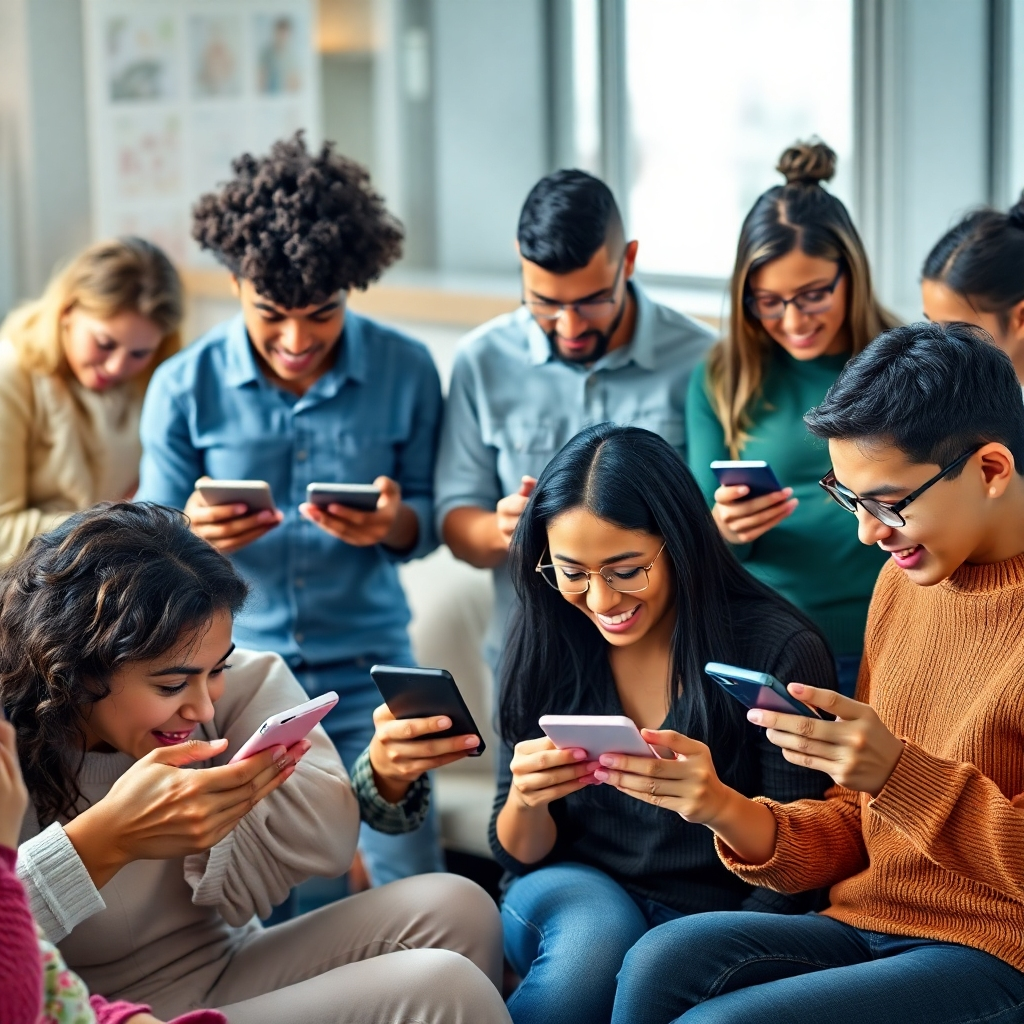 Photorealistic image of diverse people interacting with various forms of media; phones, laptops, tablets. The focus should be on the wide range of demographics and interests. The image should convey a sense of inclusivity and accessibility, showing people of different ages, backgrounds, and technological proficiency.