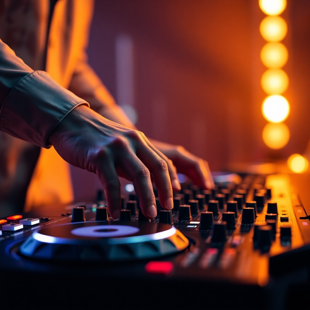  Photorealistic image of hands expertly mixing on a DJ console. Focus on the precision and skill. Lighting should be warm and inviting, highlighting the meticulous movements of the DJ. The image must be detailed and highly realistic, focusing on the intricate movements. The image should be in 4K resolution and feature a warm, inviting lighting setup with rich, deep colors