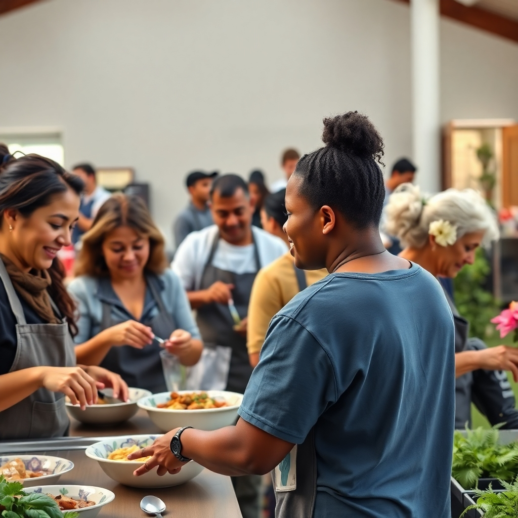 Photorealistic image of volunteers from a church actively engaging in community service:  some preparing meals at a soup kitchen, others visiting the elderly, others working on a community garden. Show diversity and genuine compassion.  High detail, 8k resolution, natural lighting, focus on positive emotions