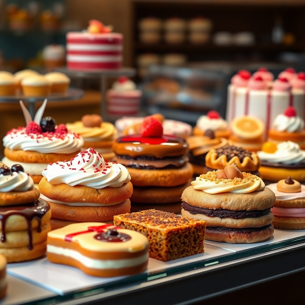 Photorealistic image showcasing a variety of mouth-watering pastries and cakes, arranged artfully on a display. The color palette should be rich and vibrant, highlighting the texture and details of each item. The resolution should be 4K.