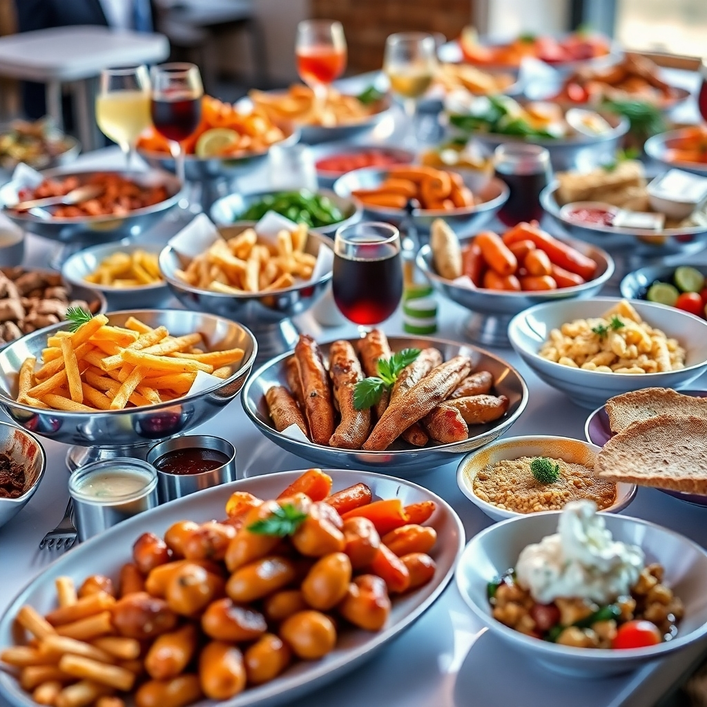 Photorealistic image showcasing a beautifully arranged catering spread with a variety of food and drinks.  Focus on the variety and quality of the food.  The resolution should be 4K.
