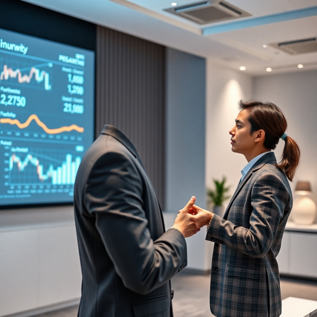 Photorealistic image showing a professional presenting financial data using a projector.  The room is modern and professional.  The color palette is neutral, business-like, soft and bright.  Technical specs: 4k resolution, with a focus on clean composition.
