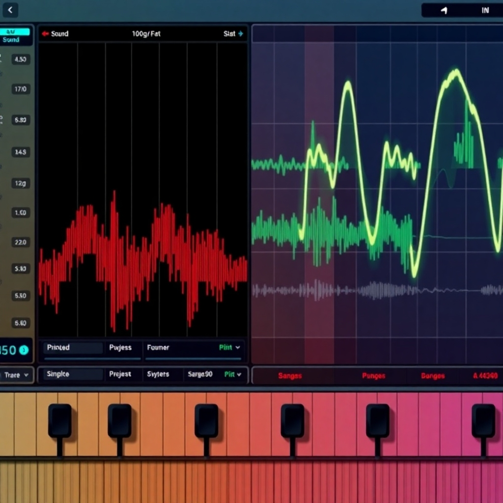 Photorealistic image showing multiple sound waves generated by different instruments and effects, displayed on a software interface. The colors should be bright and vibrant.
